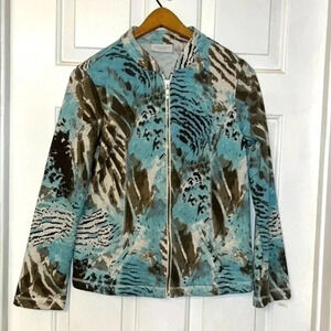 Weekends by Chico’s Blue Brown Abstract Animal Print Jacket Blazer Size 6 EUC